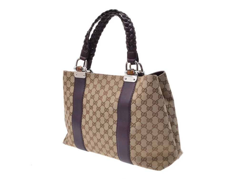 Gucci Leather Bamboo Bag Tote GG Canvas Black